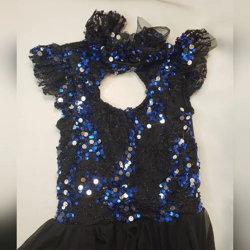 Jazz, Tap, Contempo Dance Costume, Blue sequin with black skirt, Large Child